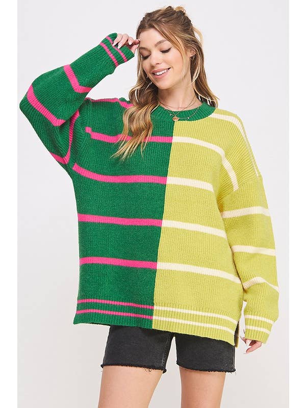 JADE BY JANE - Wholesale Tunic Sweater - Women's - LONG SLEEVE ROUND NECK STRIPED COLOR BLOCK SWEATER