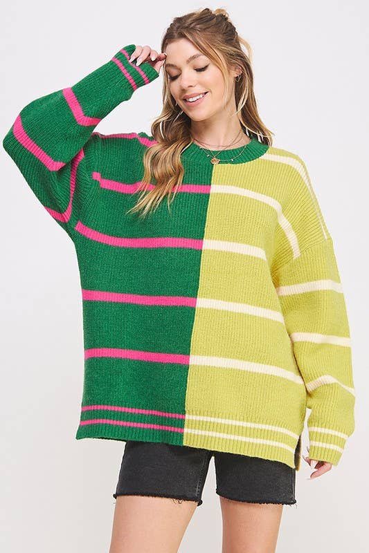 JADE BY JANE - Wholesale Tunic Sweater - Women's - LONG SLEEVE ROUND NECK STRIPED COLOR BLOCK SWEATER
