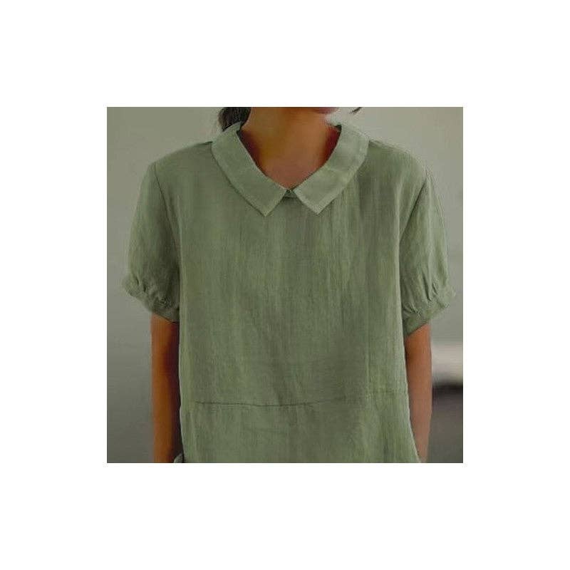 FurDecoration - Wholesale Blouse - Women's - Loose Fit Solid Color Wide Lapel Short Sleeve Shirt7
