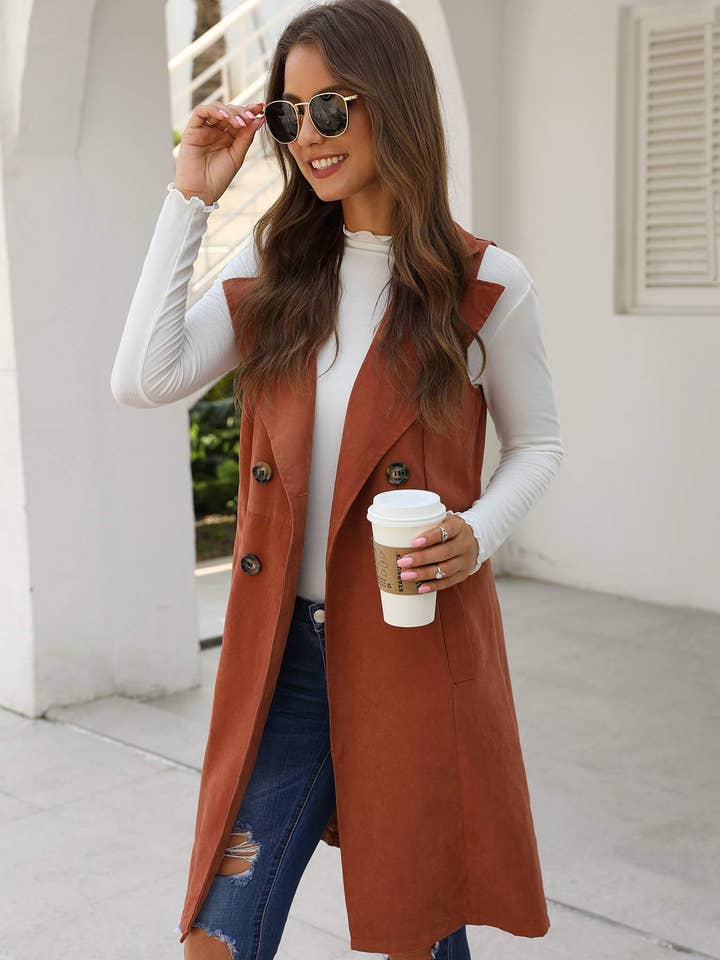 Fashion Combination - Wholesale Outerwear Vest - Women's - solid double-breasted waterfall collar trench vest
