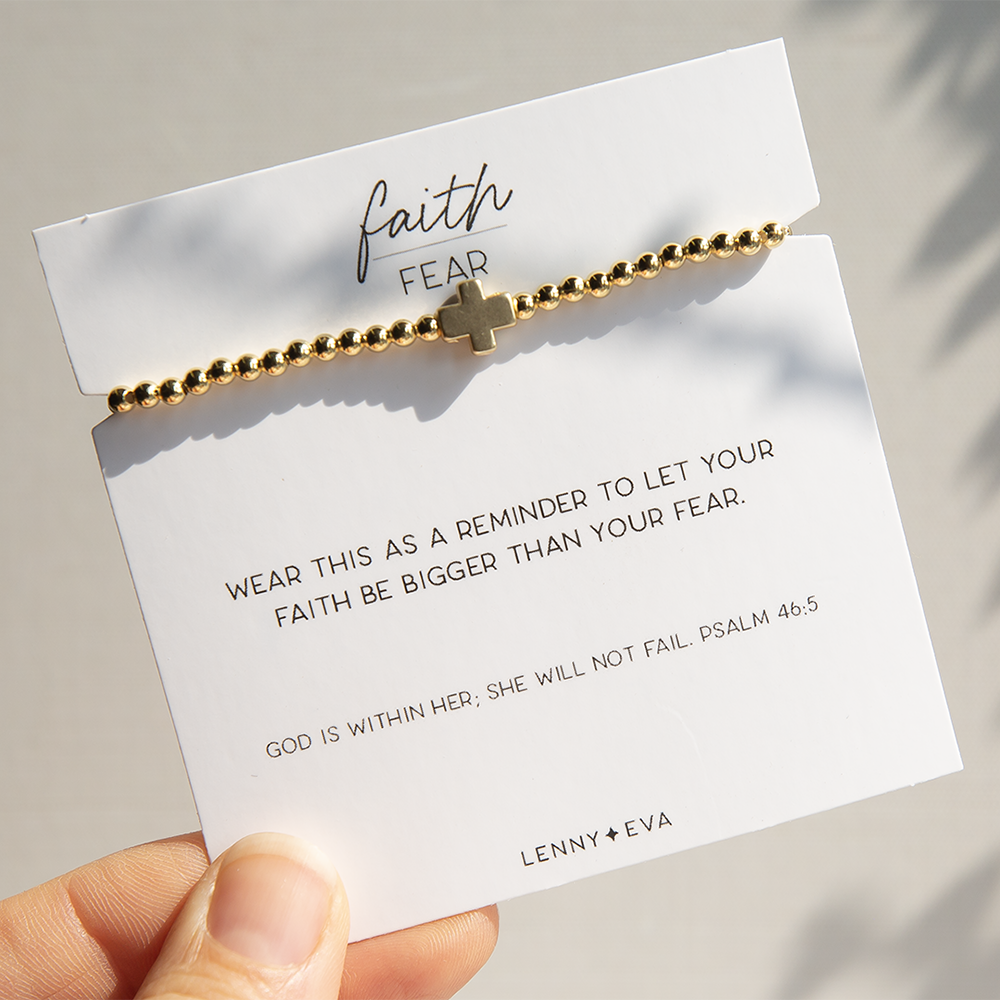 Lenny & Eva - Wholesale Beaded Bracelet - Faith Over Fear Gold Beaded Stretch Bracelet w/ Cross2