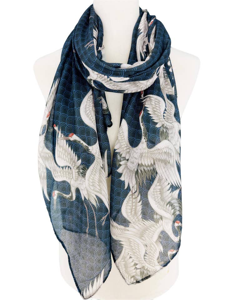 JC071146 Navy-White Crane Scarf for wholesale by JC Sunny Fashion
