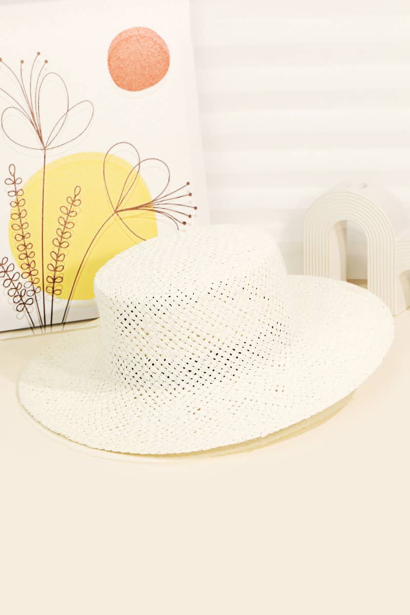 WHITE Straw Braided Flat Brim Sun Hat for wholesale on Faire