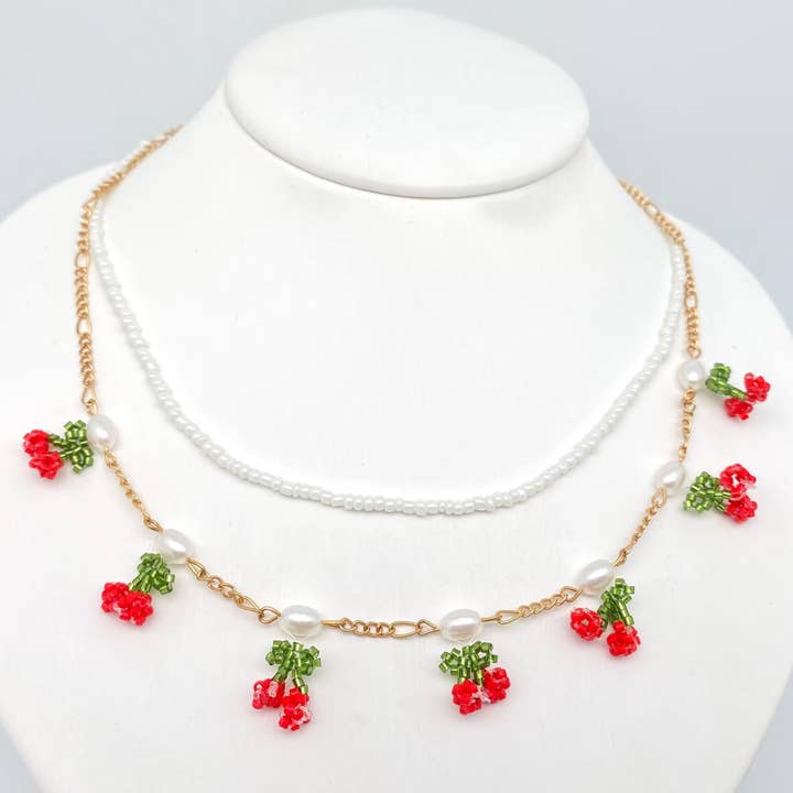 Hand-woven Cherry-shaped Double-layer Choker Necklace for wholesale by Mio Queena