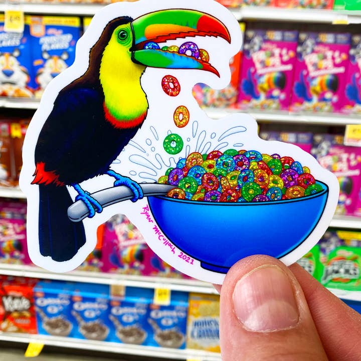Ryan McCulloch Art - Wholesale Sticker - GLITTER STICKER: Fruit loops Early Bird Breakfast Toucan