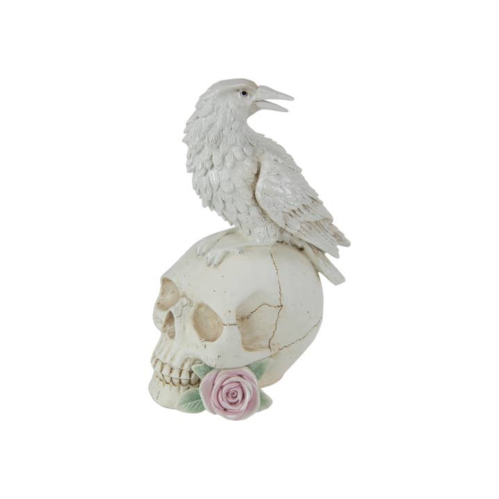 Cubby House - Wholesale Decorative Figurine - 25cm White Rose Skull with Crow