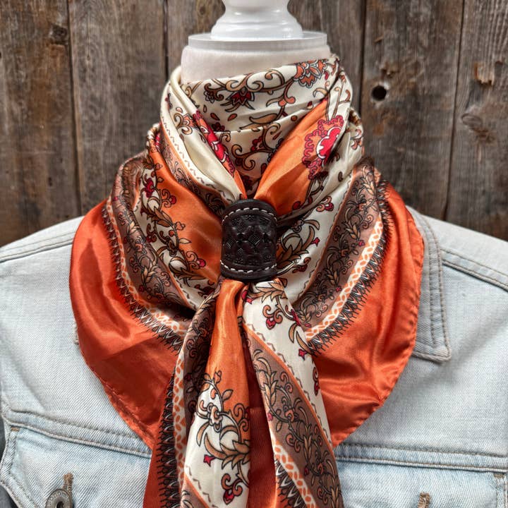 Rodeo Drive - Wholesale Scarf - Unisex - 35X35" Burnt Orange & Tan Paisley Wild Rag / Scarf - Tooled Leather Wild Rag Slides - Assorted