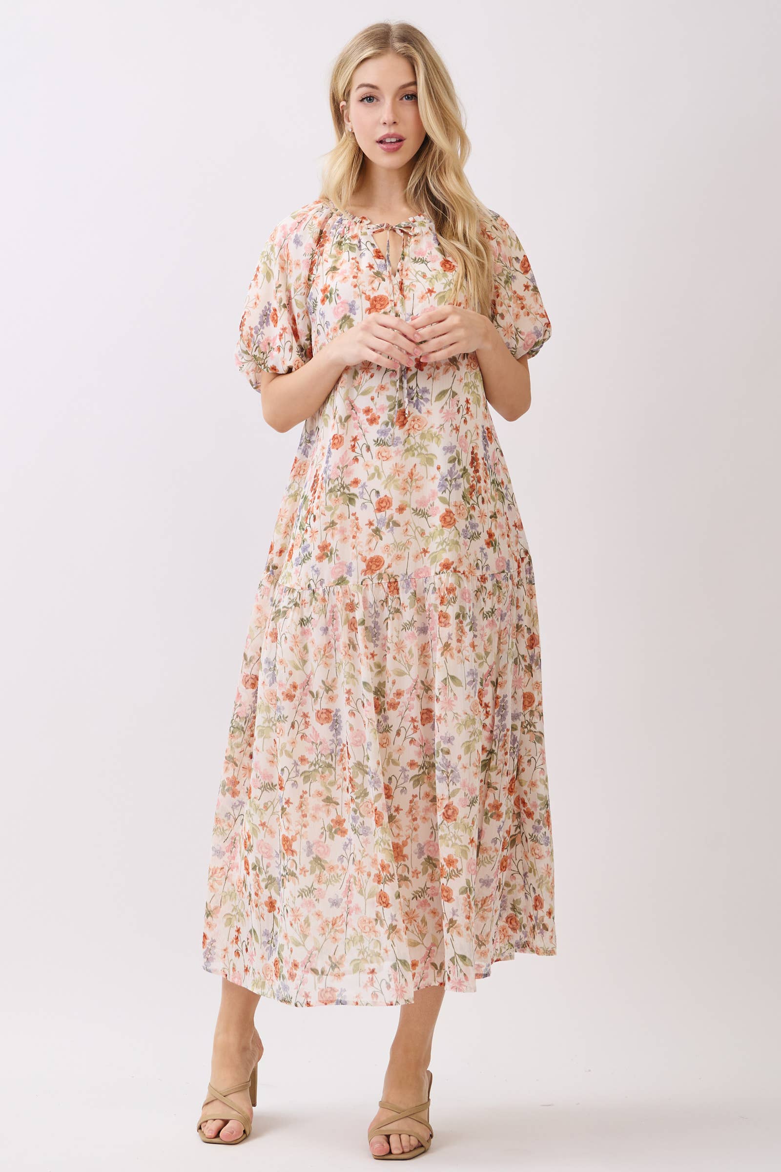 Calista - Wholesale Dress - Women's - BALLOON SLEEVE TIERED MIDI DRESS - VJD429066