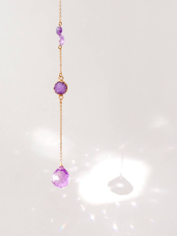 Mini Amethyst & Raw Lilac Agate Window Crystal Suncatcher for wholesale by Xander Kostroma