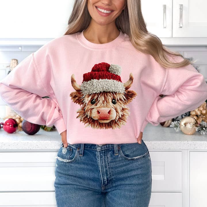 GLITTER FAUX YARN CHRISTMAS COW CREWNECK SWEATSHIRT for wholesale by Nu Kustomz LLC -