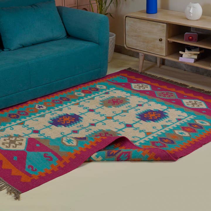 Handwoven Colourful Wool Jute Kilim Rug For Living Room Area for wholesale by Chouhan Rugs