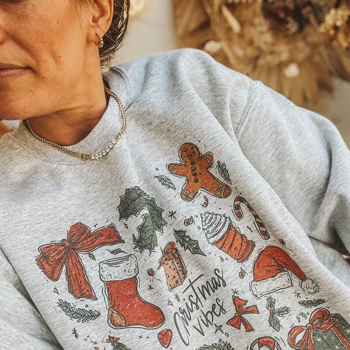 Christmas Vibes Doodle Crew Neck Sweatshirt for wholesale by Amy Anne Apparel Inc