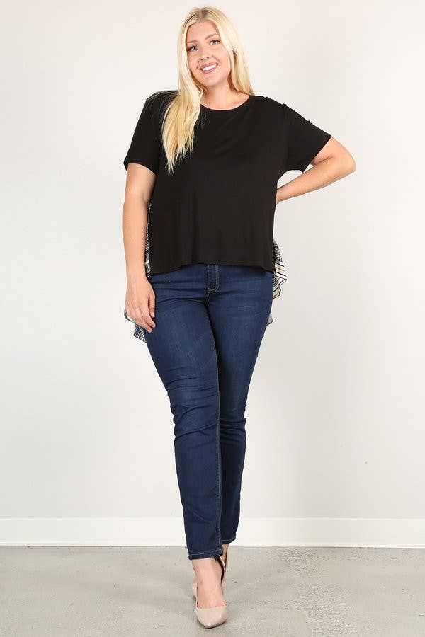 Noir Haut grande taille à manches courtes avec ourlet haut-bas et dos contrasté à carreaux en vente sur Faire3