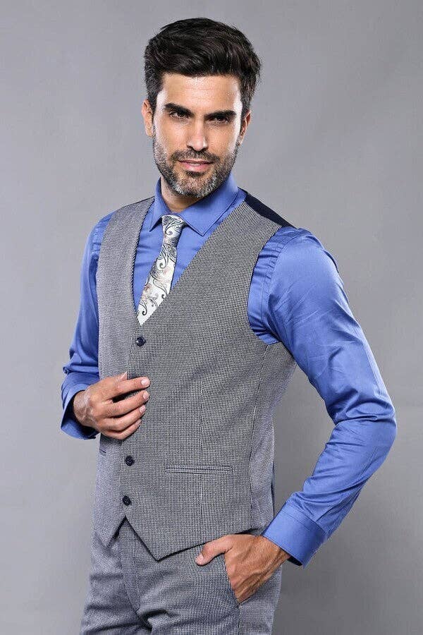 Blu Navy Abito aderente Slim-Fit in tartan blu scuro | Wessi in vendita all'ingrosso su Faire5