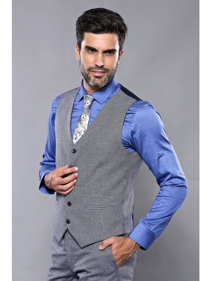 Azul Marino Traje entallado con chaleco azul marino a cuadros | Wessi de venta al por mayor en Faire5