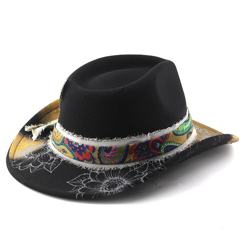 PEACH ACCESSORIES – wholesale Cowboy Hat – Women’s – Cowboy Hat with Paisley Band & Feather Detail in Black WA2222