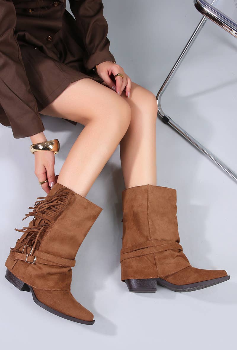 BELLICY / Cink-me - Wholesale Boots - Women's - MB73, Fringed ankle boots with double buckle strap in faux suede0