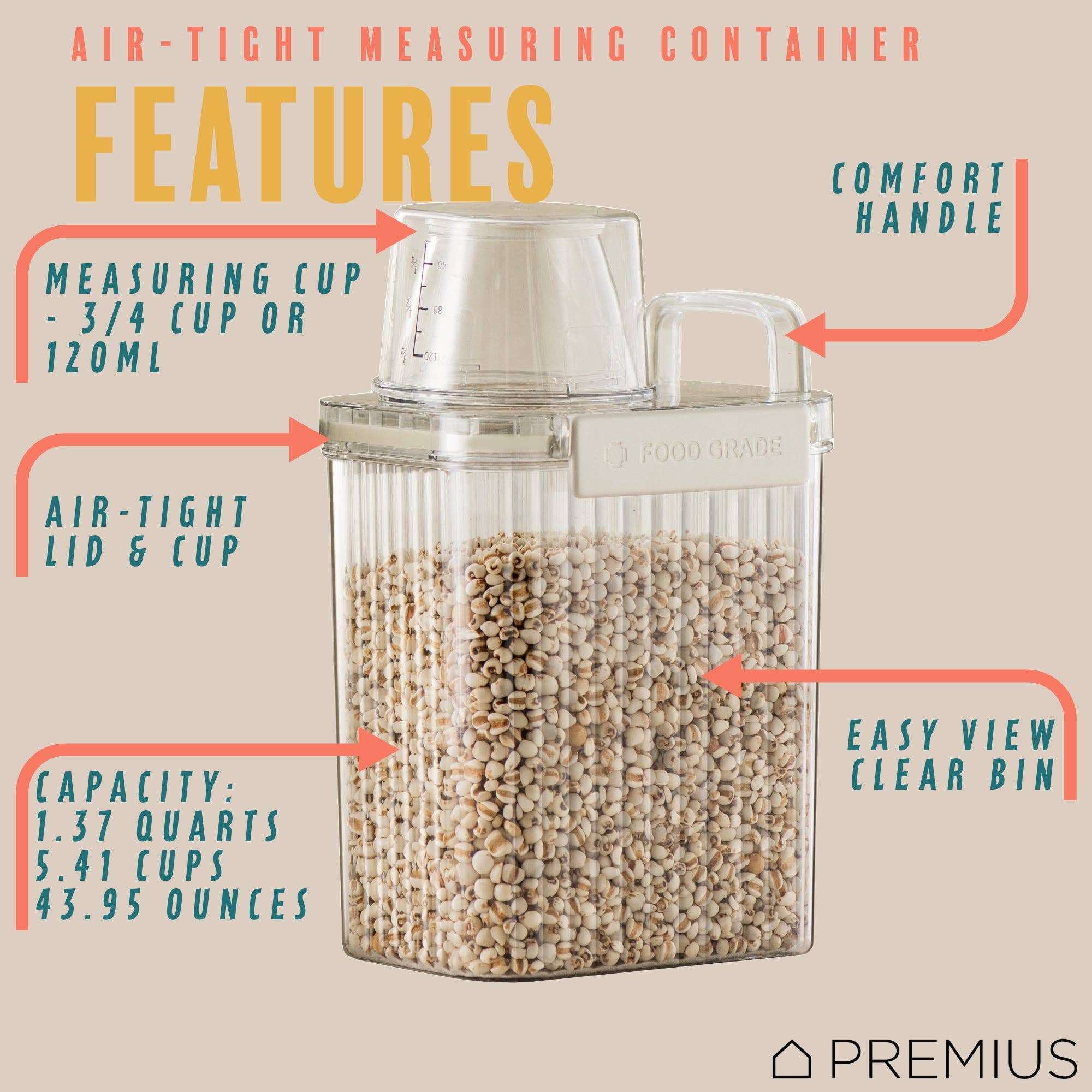 ShopBobbys - Wholesale Food Storage Container - PREMIUS Plastic Food Storage Container with Measuring Cup, Clear-Natural1