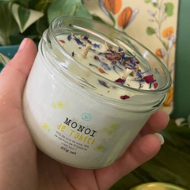 Lilium Blanc – Vela em jarro/copo por atacado – Vela Monoi do Taiti em cera de soja e pétalas de flores0