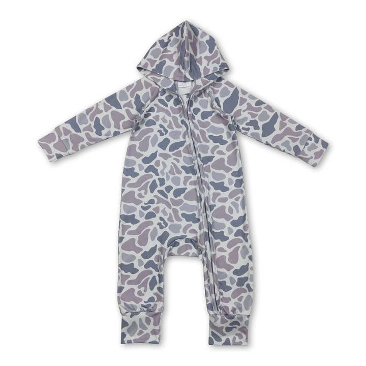 Long sleeves grey camo baby kids hooded zipper romper for wholesale by Yawoo Garments