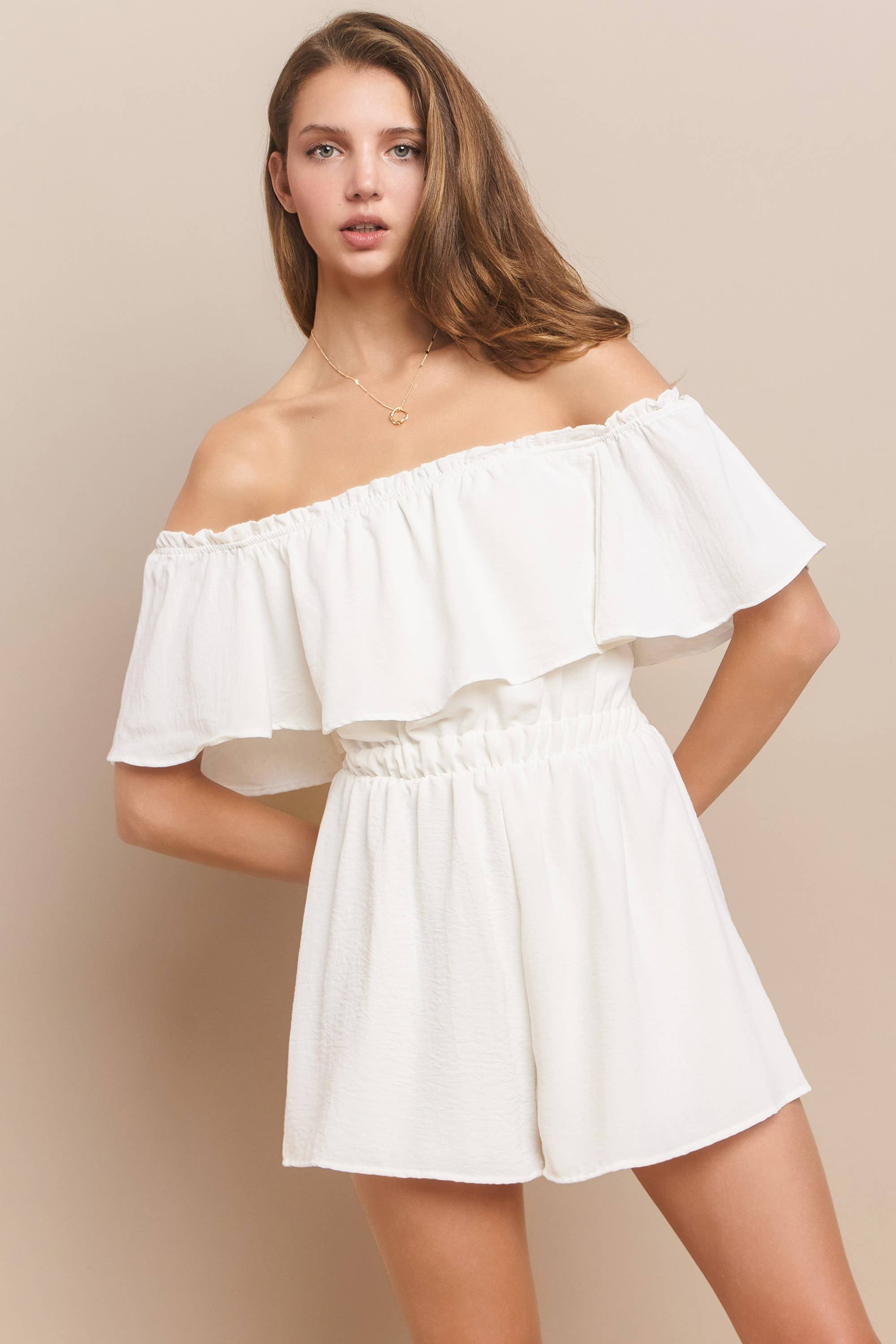 WISTERIA LANE – wholesale Romper – Women's – ON-OR-OFF SHOULDER SOLID CREPE ROMPER - 4350 WHITE1