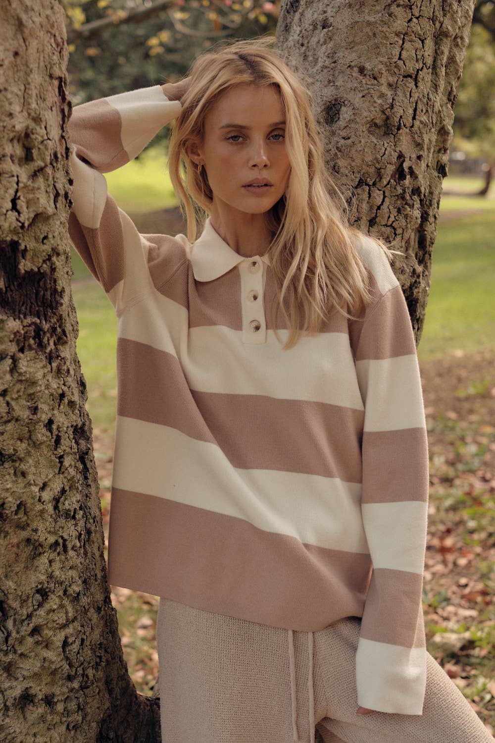 Promesa USA - Wholesale Knit Sweater - Women's - Striped Ribbed Knit Collared Rugby Sweater1