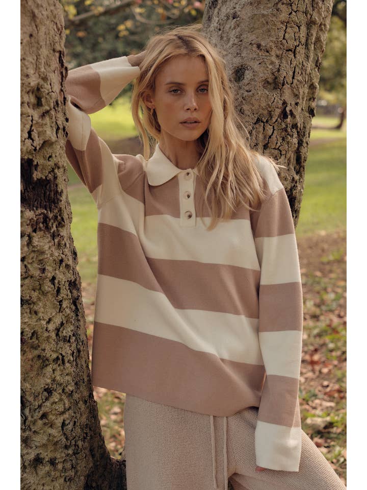 Promesa USA - Wholesale Knit Sweater - Women's - Striped Ribbed Knit Collared Rugby Sweater1