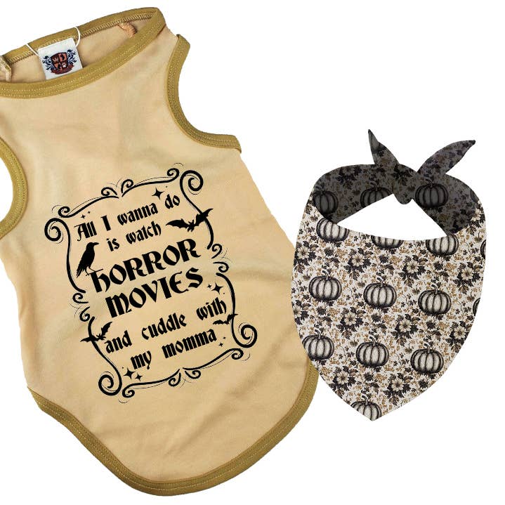 T-shirt et bandana pour chien d'Halloween : films d'horreur avec maman / papa pour la vente par House of FurBaby