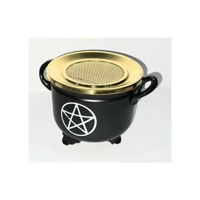Green Tree - Wholesale Incense Holder - Black Cauldron Pentagram 10x11cm with brass Lid