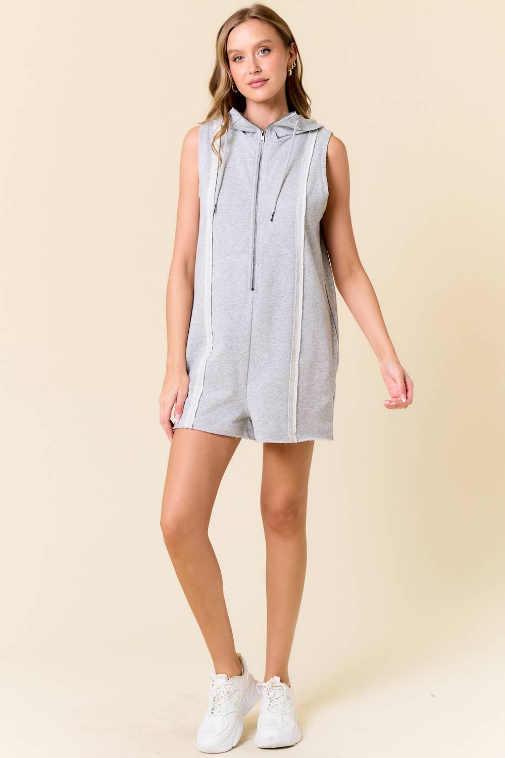 Doe and Rae - Wholesale Romper - Women's - French Terry Zip-Front Sleeveless Hooded Romper - 28002R4