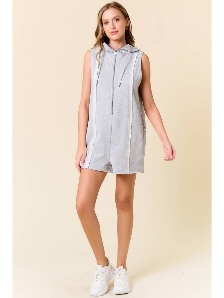 Doe and Rae - Wholesale Romper - Women's - French Terry Zip-Front Sleeveless Hooded Romper - 28002R4