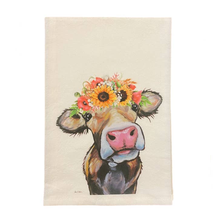 Hippie Hound Studios - Wholesale Tea towel - Fall Sunflower Cow Tea Towel, Fall Farmhouse Decor1