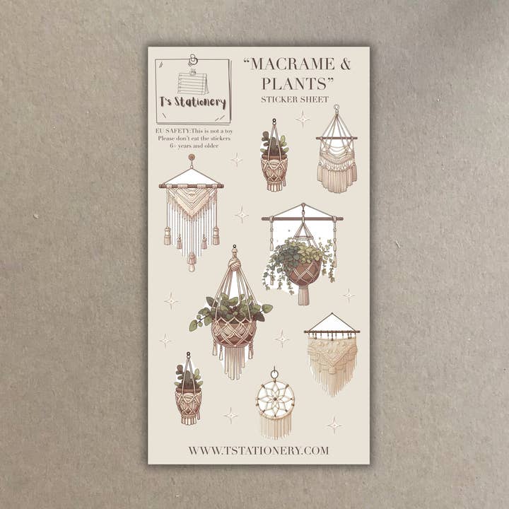 "Macrame & Plants"  Sticker Sheet for wholesale by T's Stationery