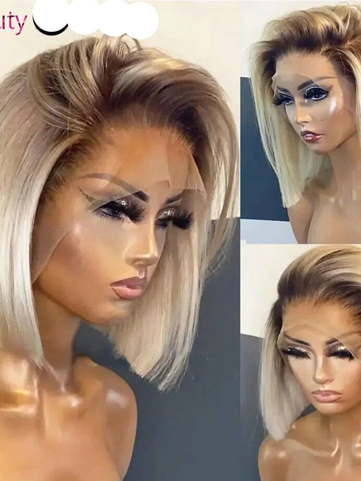 Kort blond ombre peruk, bobklippning, med lace front i äkta hår, för kvinnor, slät, 180% densitet, mörka rötter, utan lim, lace front för wholesale av Queenshopbeauty