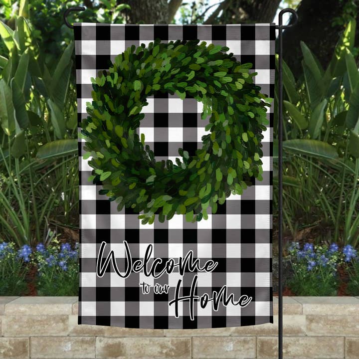 Garden Flag - Welcome to Our Home Boxwood and Buffalo Plaid for wholesale by The Spotted Zebras