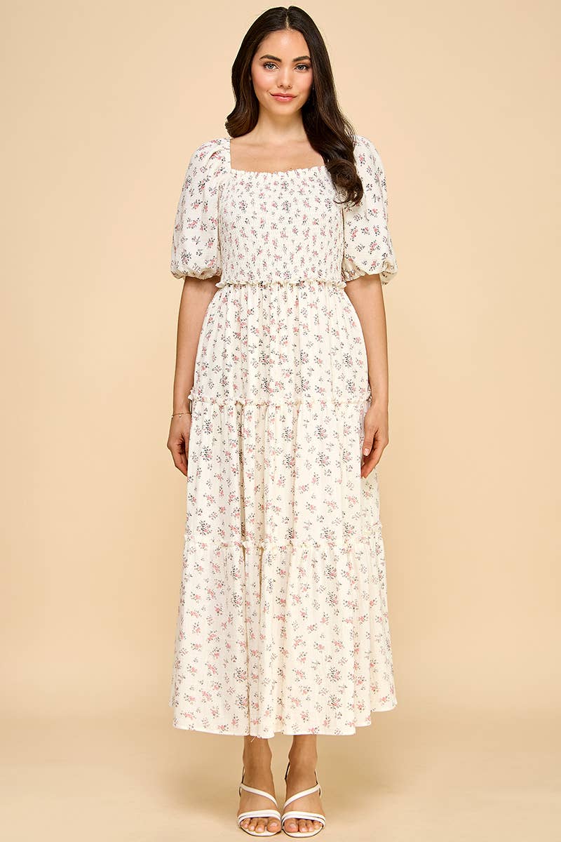 Million Colors - Wholesale Dress - Women's - Hattie Floral Puff Sleeve Square Neck Tiered Midi Dress