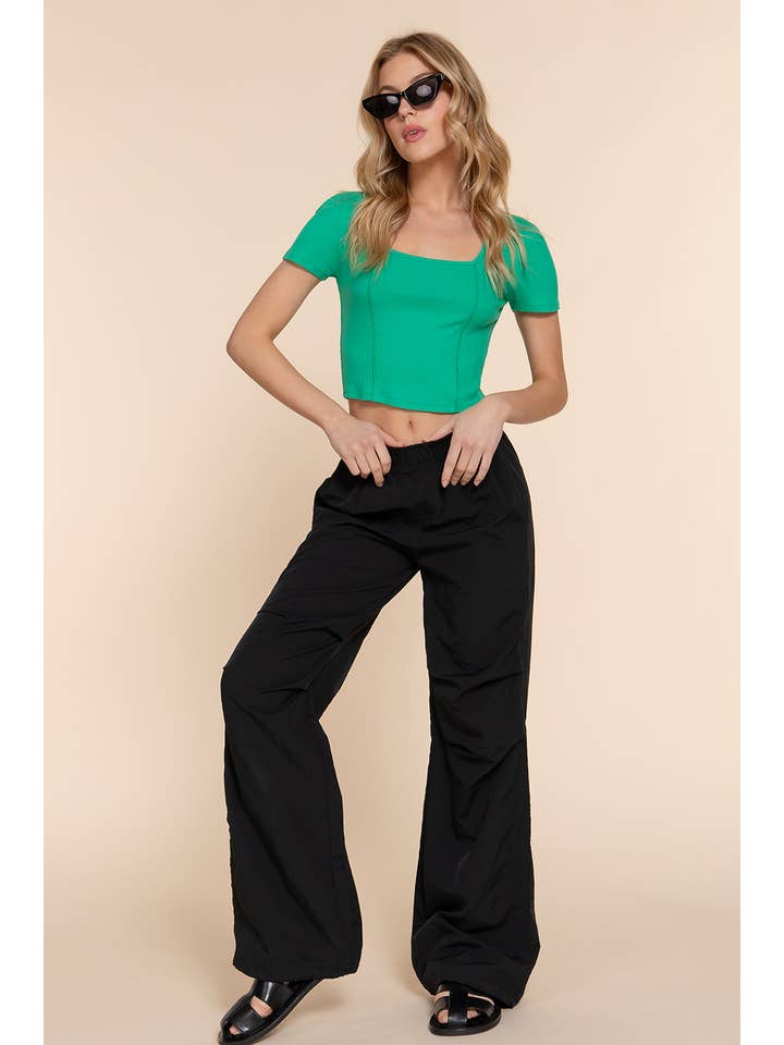 Active Basic | Active USA - Wholesale Knit Top - Women's - Short Sleeve Square Neck Corset Detail Rayon Rib Knit Top