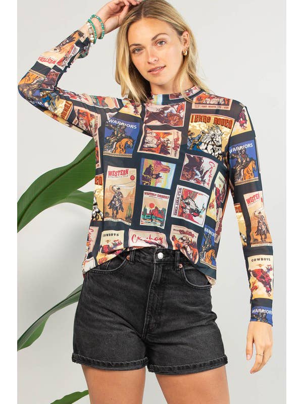 Multi Colored AV1230-ROBBIE VINTAGE WESTERN SEMI SHEER MESH TOP for wholesale on Faire