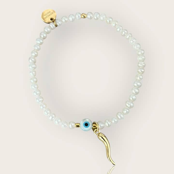 I Am Surrounded by Protection and Good Fortune — Freshwater Pearl Evil Eye & Cornicello Bracelet for wholesale by Georgina Nicol