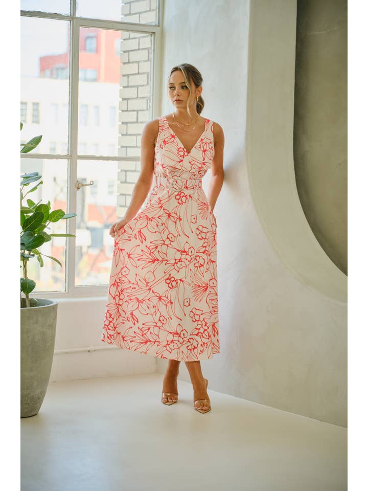 Tea & Cup - Wholesale Dress - Women's - Floral print wide Strap dress with matching belt5