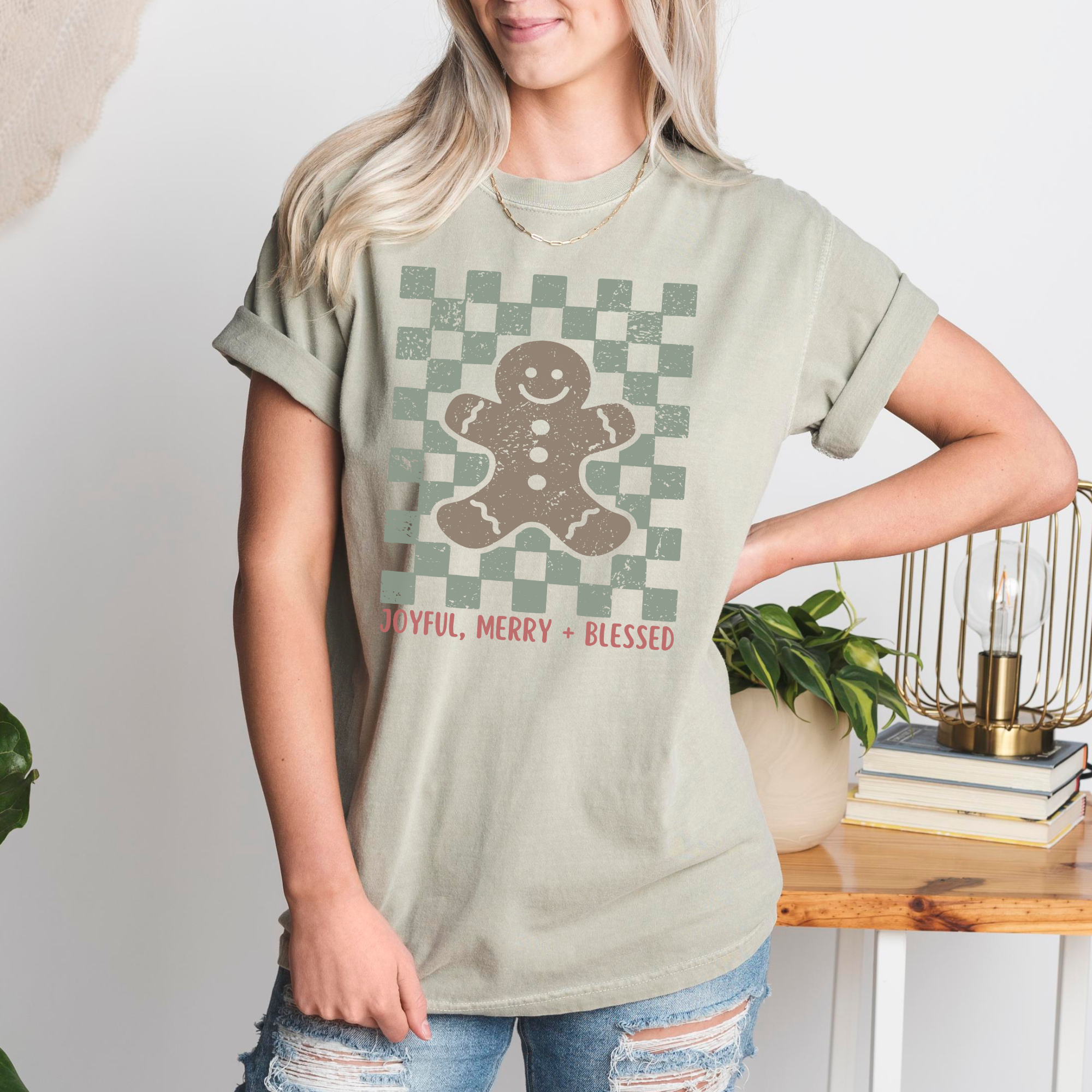 Scripted Pearl - Wholesale Screen Printed T-Shirt - Women's - Joyful Merry Blessed Gingerbread Man Retro Christmas Tshirt 3