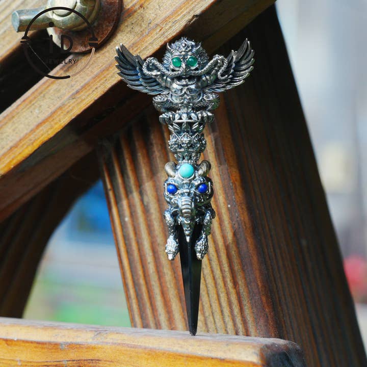 Totem pendant in 925 silver with turquoise and onyx · Spiritual gothic tribal jewelry in symbolic style · Gift for men or artists for wholesale by idjewelry