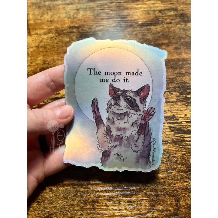 Raccoon with Moon Watercolor 4" HOLOGRAPHIC Vinyl Sticker for wholesale by Okie Watercolors