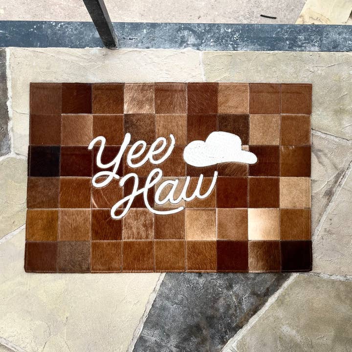 3x2’ Yeehaw cowhide patchwork doormat  for wholesale by Western Linens