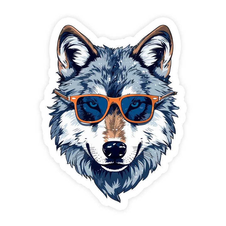 Cool Wolf With Glasses Sticker - Wolf Design for wholesale by Sticker Bull