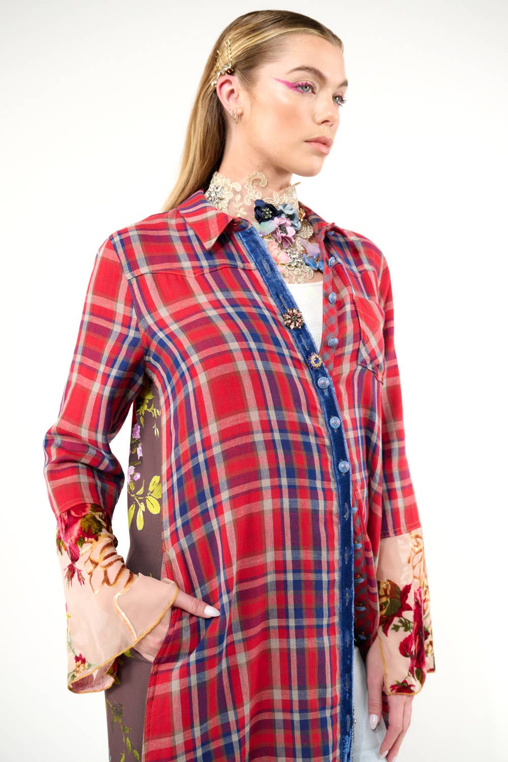 Rode geruite combinatie Anna knoopsluiting Maxi Overhemdjurk / Duster voor groothandel op Faire27