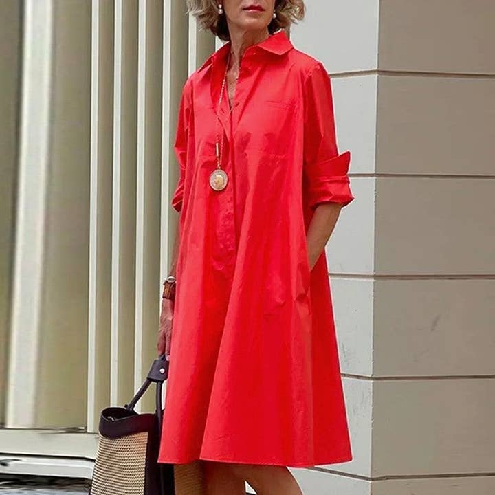 FurDecoration - Wholesale Dress – Women's - Solid Color Long Sleeved Mid Length Dress