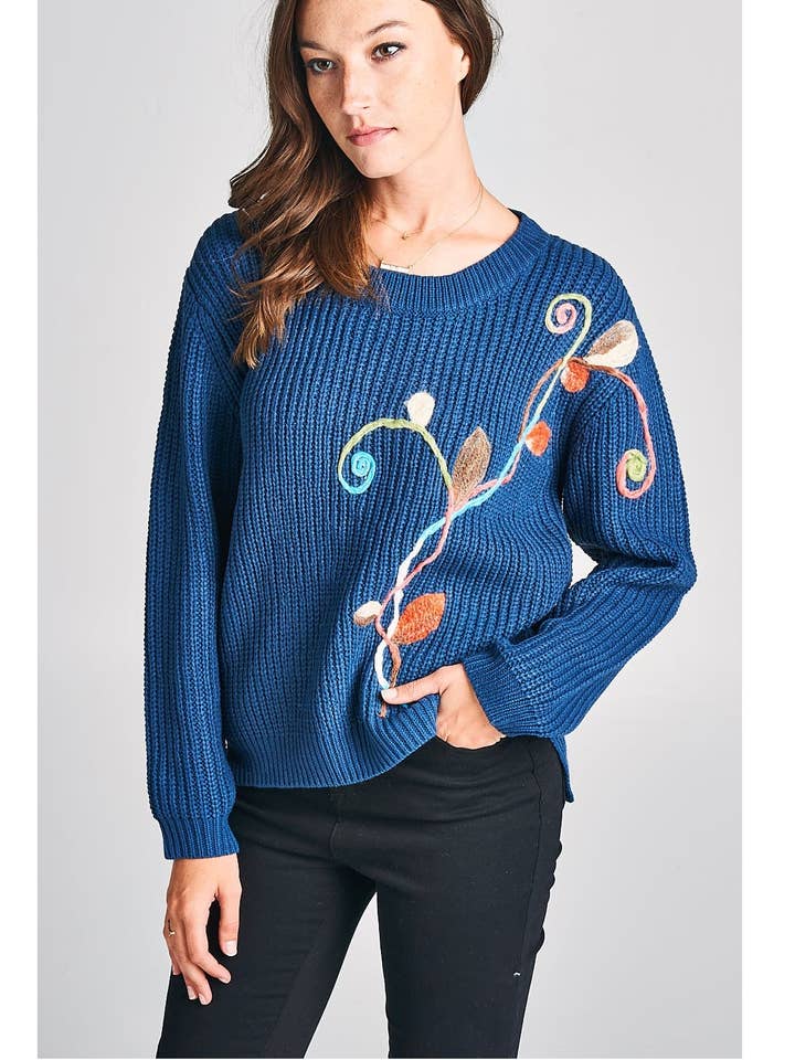 Embroidered Scoop Neck Sweater for wholesale by LKLUV