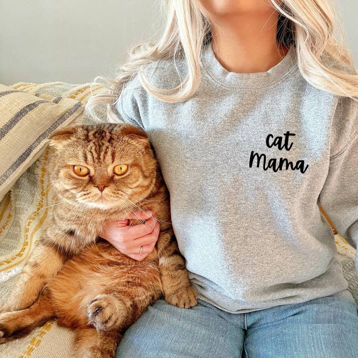 Cat mama sweatshirt, unisex hand printed sweater, cute cat crewneck, cat lover gift, cat mom, crazy cat lady, calligraphy, ethical fashion for wholesale by M.E. Image