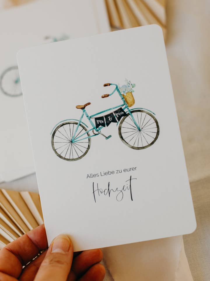 Postkarte türkisenes Fahrrad "Alles Liebe zu eurer Hochzeit" für den Großhandel von walnutandcherry